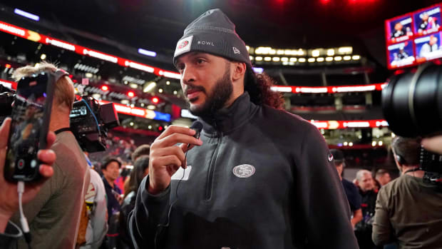 Feb 5, 2024; Las Vegas, NV, USA; San Francisco 49ers safety Talanoa Hufanga (29) talks to the media during Super Bowl LVIII Opening Night at Allegiant Stadium. Mandatory Credit: Lucas Peltier-USA TODAY Sports  